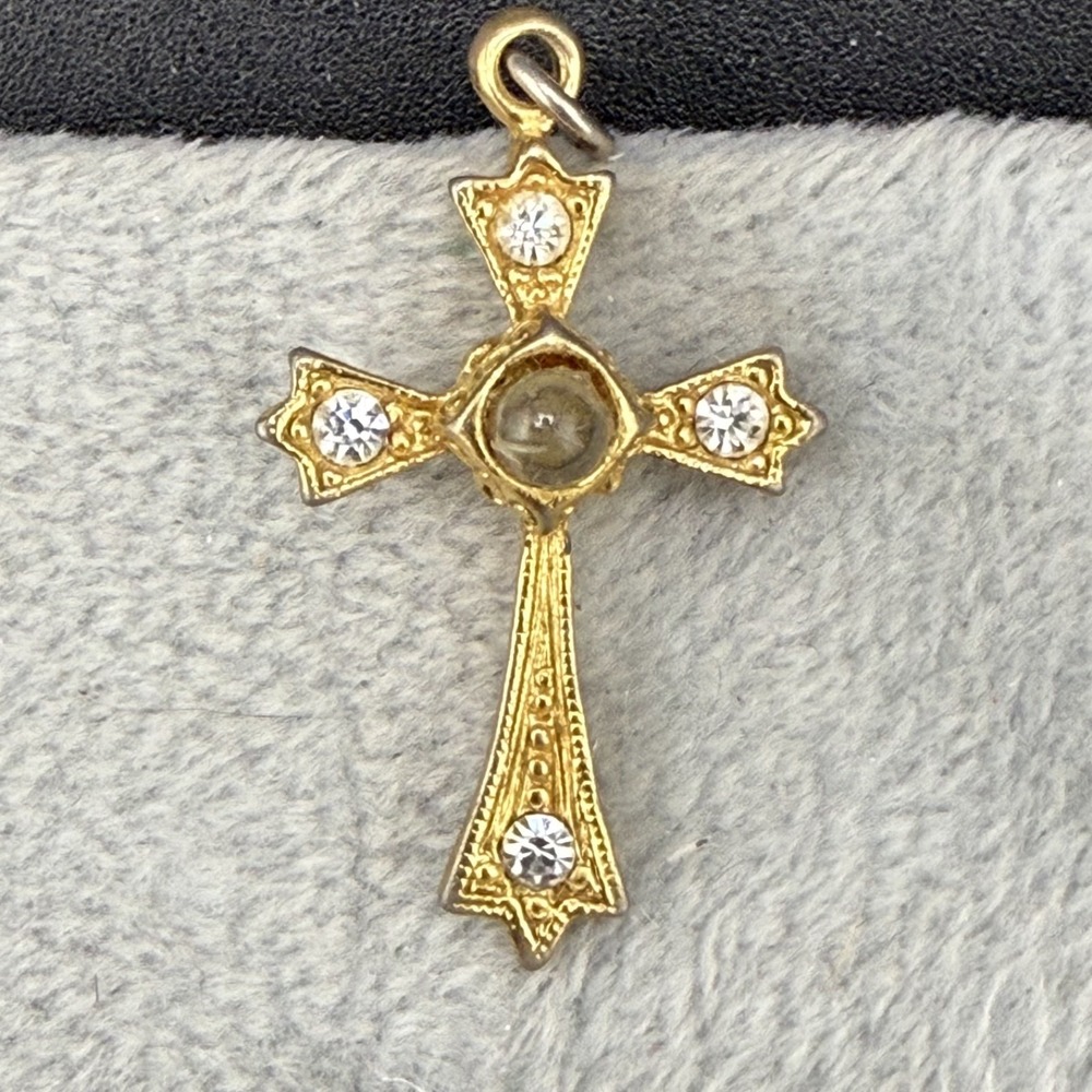 Vintage Estate Cross Pendant Gold Tone Rhinestone Bible Verse Glass Small